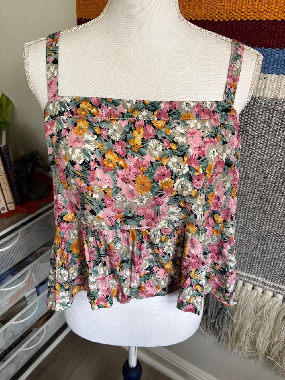 NWT NATURAL LIFE Pink & Mustard Floral Square-Neck Peplum Cami